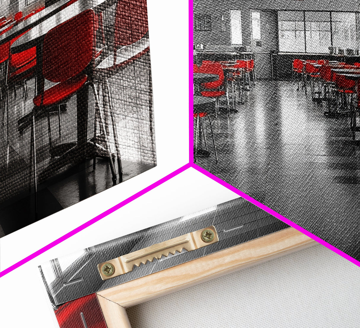 Red Chairs, Modern Cafeteria, Retro Seating, Pop Color Dining, Canvas Print, Kitchen Wall Art, Urban Minimalism, Bold Office Decor