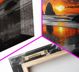Sunset Beach, Fiery Sky, Ocean Glow, Moody Seascape, Framed Canvas Print coastal living room wall art, dramatic sunset photography