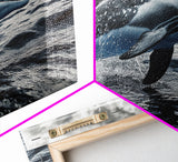 Jumping Dolphin, Ocean Splash, Monochrome Water, Framed Canvas Print, Coastal Wall Art, Bathroom Nautical Decor, Marine Life Photography