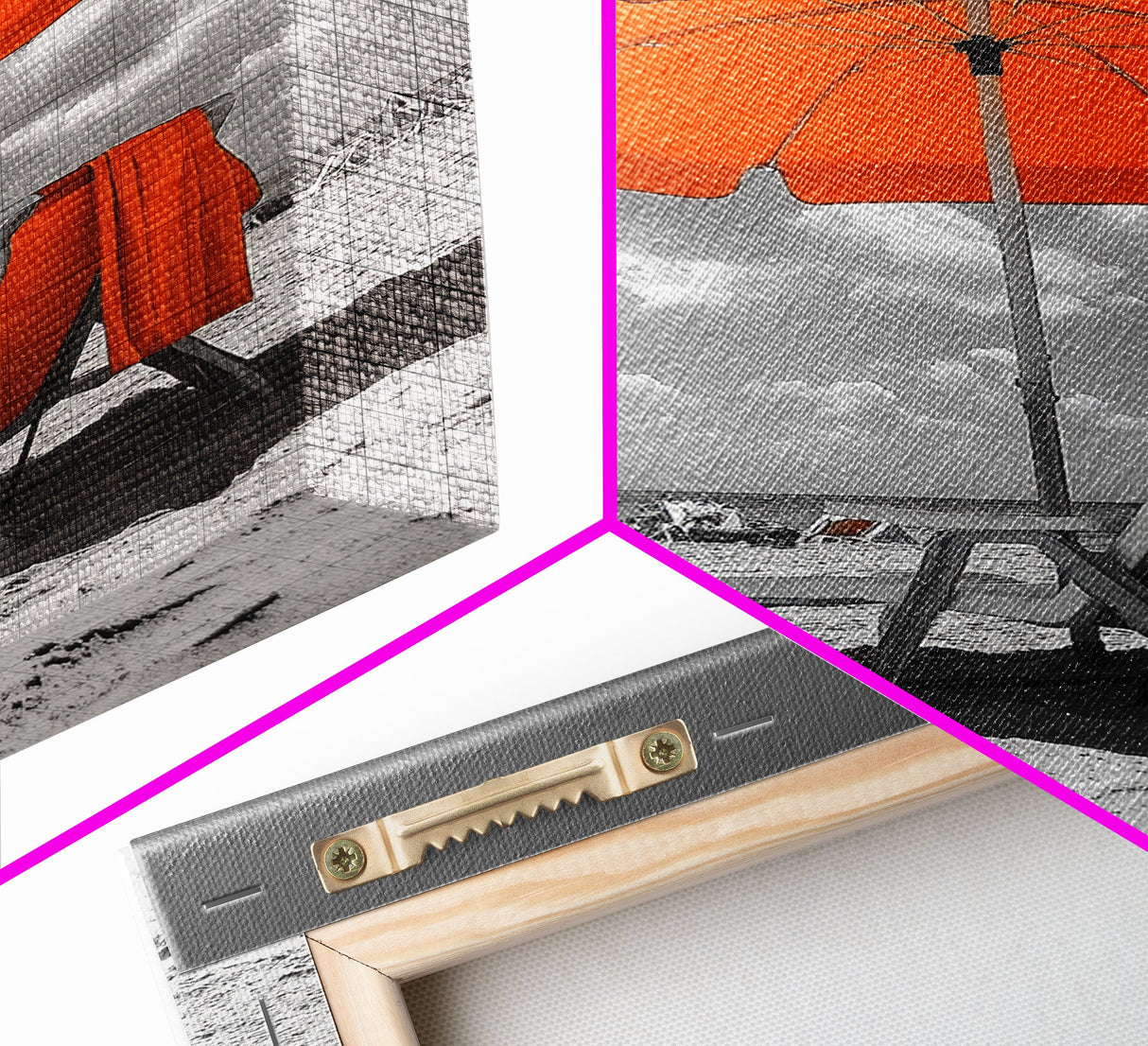 Orange Umbrella Shade, Beach Chill Scene, Relax Spot, Framed Canvas Print, Summer Wall Art, Vacation Vibe Decor, Minimalist Beach Art