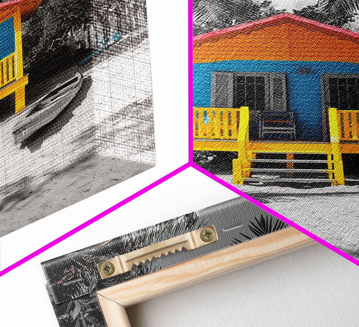 Tropical House, Beach Cabin, Bright Home, Summer Colors, Framed Canvas Print coastal wall decor, boho beach house art, tropical wall art