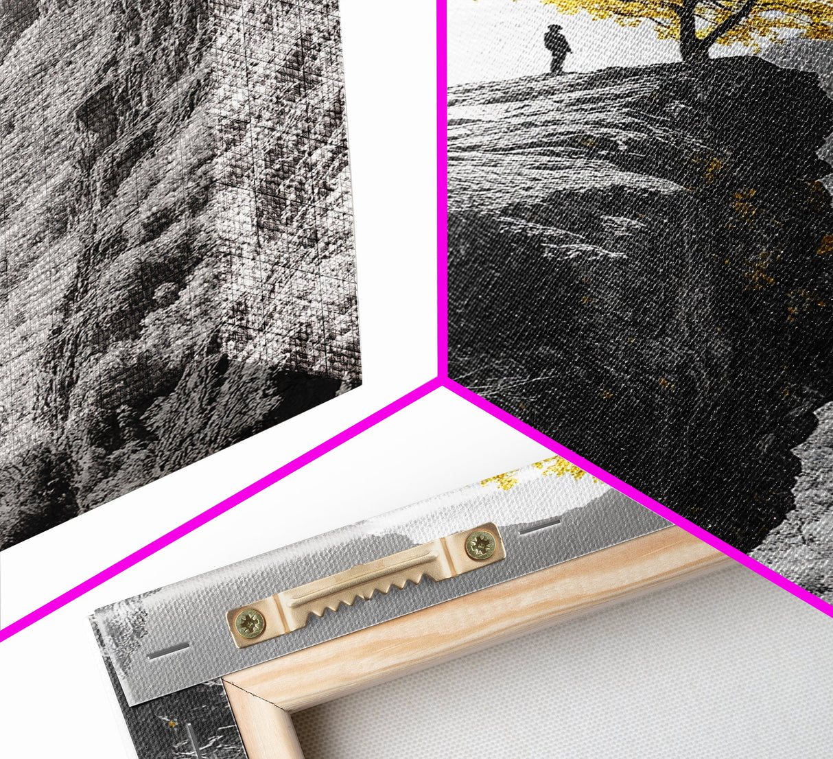 Cliff Tree, Yellow Foliage, Hiker Scene, Framed Canvas Print, Landscape Art, Fall Wall Decor, Adventure Wall Art, Office Statement Piece