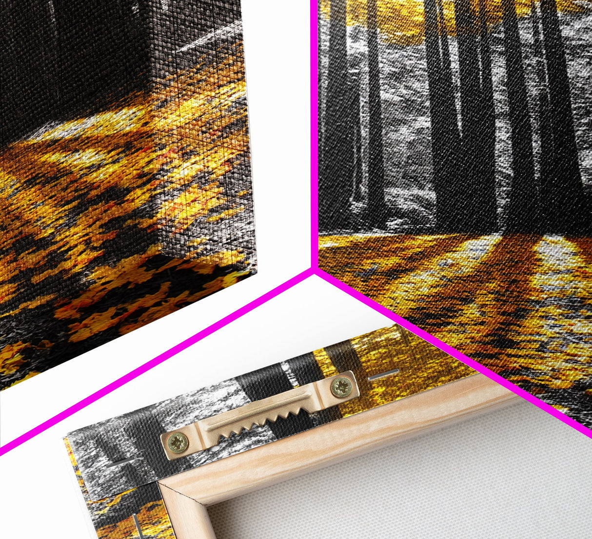 Golden Forest Light, Fall Leaves, Tall Trees Shadows, Tranquil Scene, Framed Canvas Print, Autumn Wall Art, Boho Living Room Decor