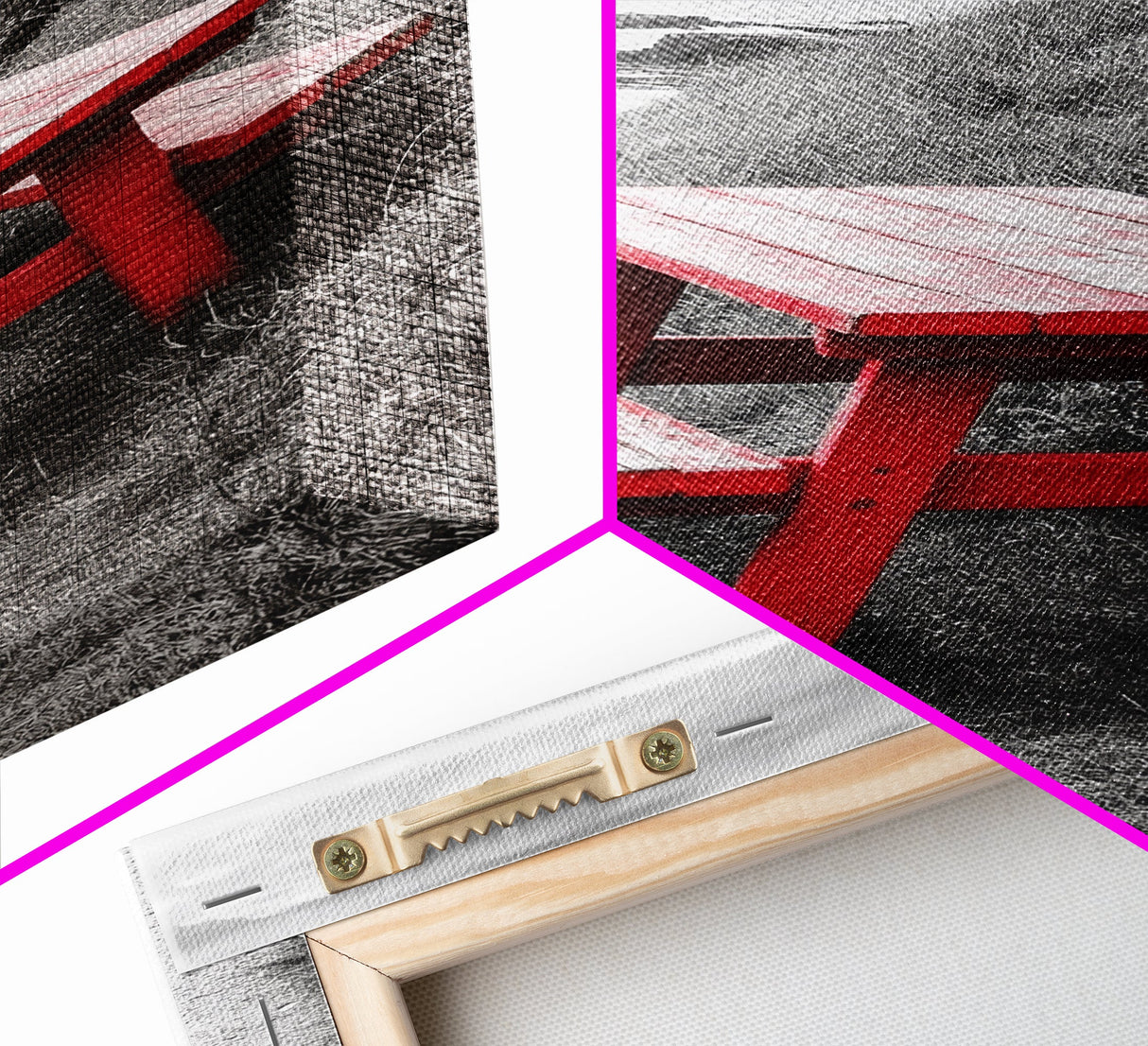 Red Picnic Bench, Ocean View Path, Seaside Escape, Vibrant Accent, Framed Canvas Print, Beach House Wall Art, Modern Coastal Decor