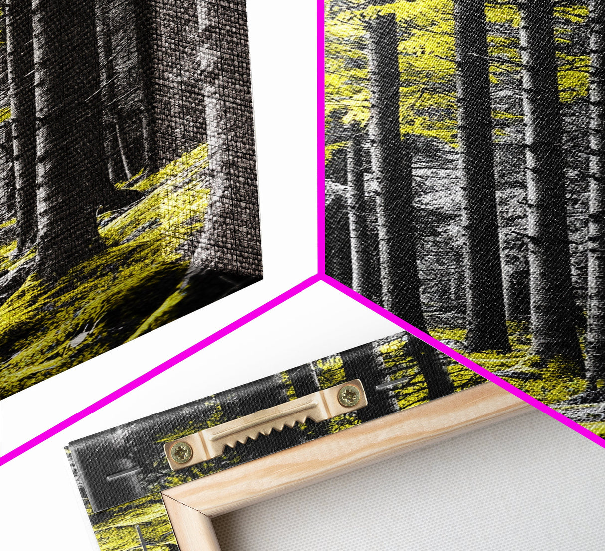 Yellow Forest, Tall Pines, Woodland Scene, Framed Canvas Print, Modern Nature Wall Art, Cabin Living Room Decor, Fall Forest Art