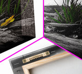 Wild Bloom, Yellow Flower, Driftwood and Grass, Moody Beach Scene, Framed Canvas Print, Autumn Wall Art, Nature Decor, Cozy Home Accent