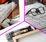 Open Book, Glasses, Orange Folders, Writer Desk, Framed Canvas Print, Study Room Wall Art, Vintage Academic Aesthetic