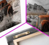 Desert Wreck, Abandoned Car, Moody Landscape, Rusty Vehicle — Framed Canvas Print, Industrial Wall Art, Garage Decor, Western Photography