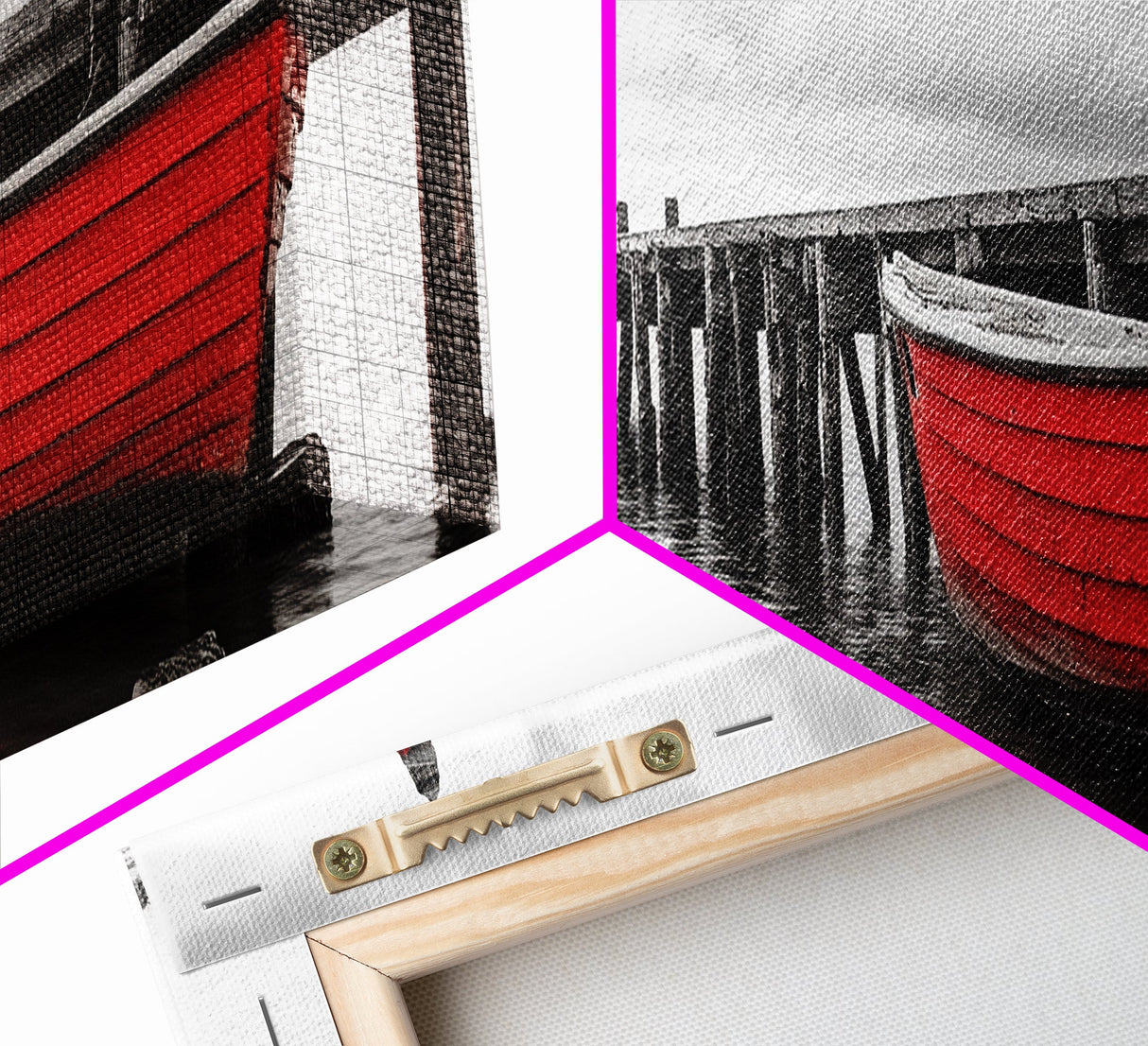 Red Boat Dock, Lonely Harbor View, Seaside Silence, Framed Canvas Print, Nautical Wall Art, Beach House Decor, Moody Coastal Vibes