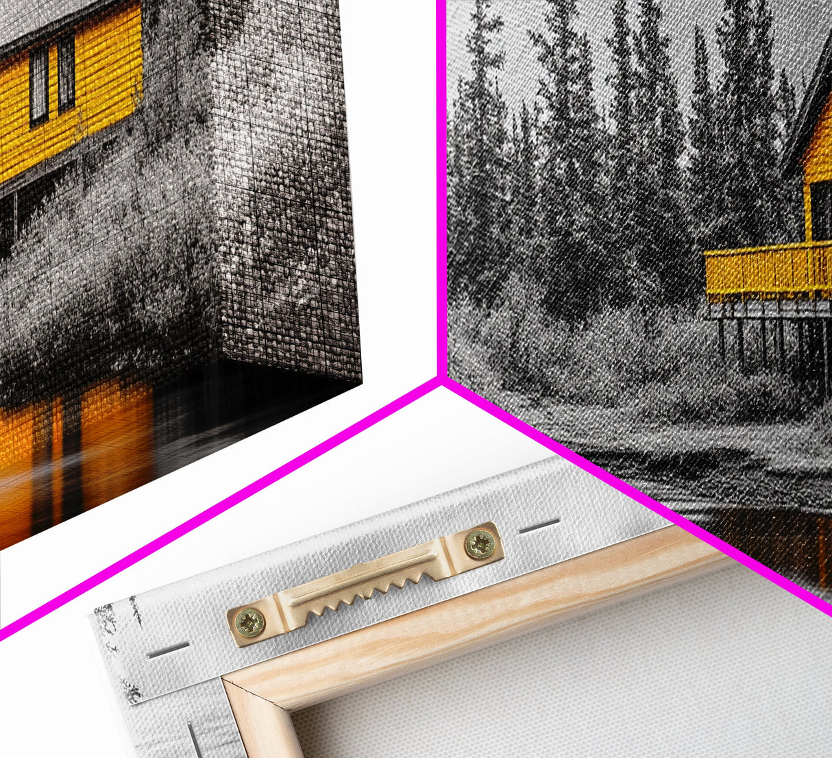 Yellow Cabin, Forest River View, Wilderness Retreat, Framed Canvas Print, Rustic Wall Art, Lodge Decor, Cozy Nature Landscape Style