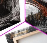 Autumn River Bridge, Orange Iron Arch, Canyon Flow Scene, Framed Canvas Print, Rustic Fall Decor, Entryway Wall Art, Living Room Decor