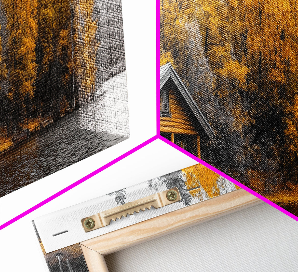 Fall Forest Cabin, Golden Autumn Trees, Riverside Retreat, Framed Canvas Print, Rustic Country Wall Art, Living Room Cabin Decor