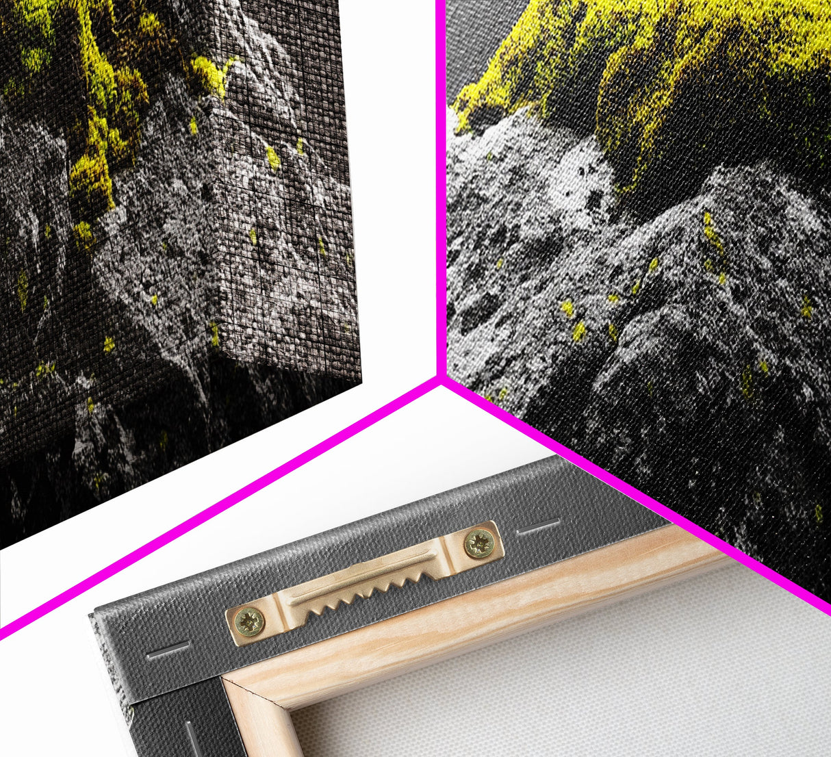 Yellow Moss, Stone Detail, Minimal Nature, Framed Canvas Print, modern zen wall art, earthy bathroom decor, botanical accent
