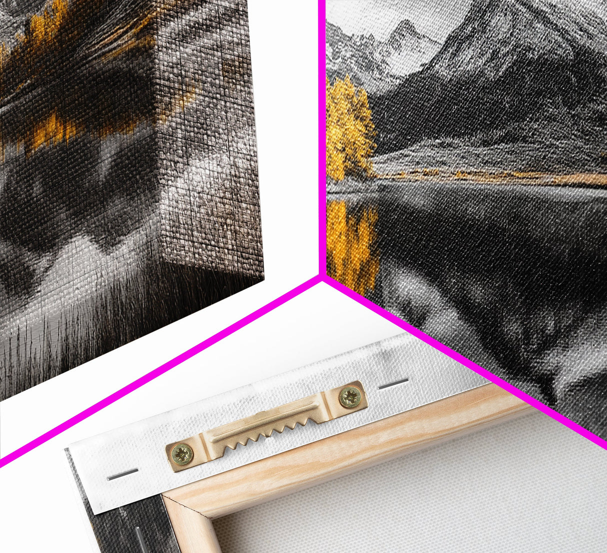 Yellow Autumn Forest, Lake Reflection, Black White Mountains, Canvas Print, Rustic Wall Art, Living Room Nature Scene