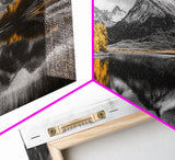 Yellow Autumn Forest, Lake Reflection, Black White Mountains, Canvas Print, Rustic Wall Art, Living Room Nature Scene