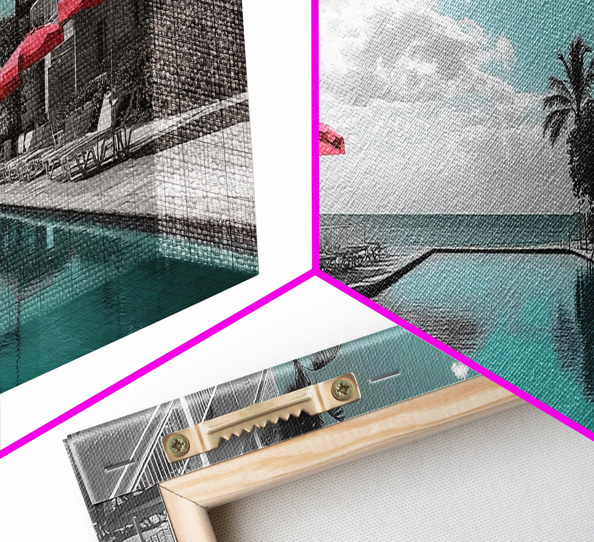 Poolside Escape, Beach Umbrellas, Luxury Retreat, Modern Resort, Framed Canvas Print, Vacation Vibes, Coastal Living, Bedroom Wall Art
