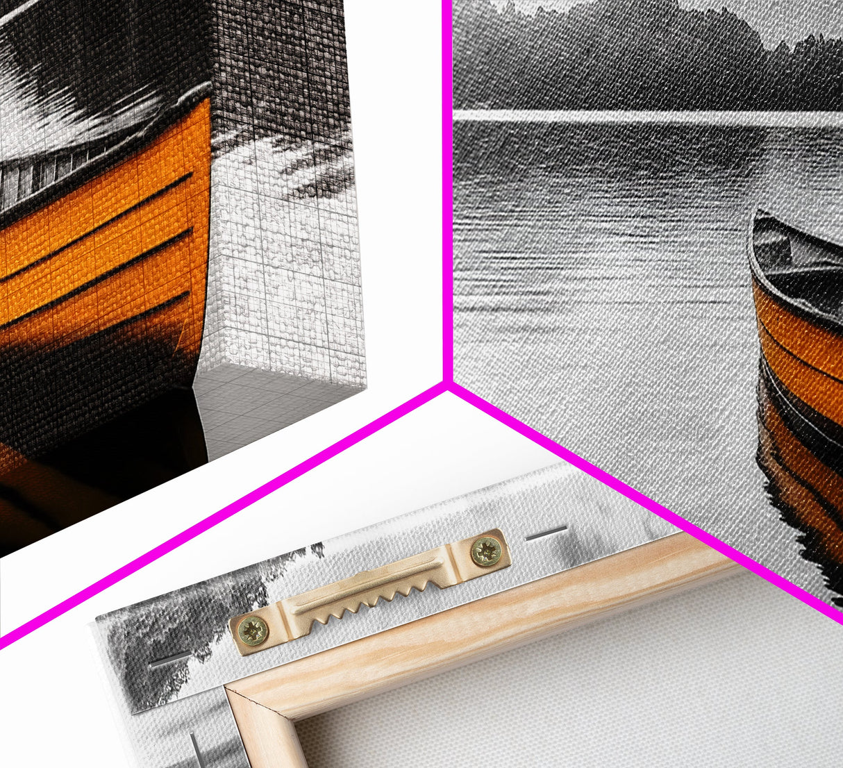 Golden Canoe, Lake Reflection, Tranquil Water, Adventure Scene, Canvas Print, Minimalist Wall Art, Bedroom Landscape, Cabin Decor