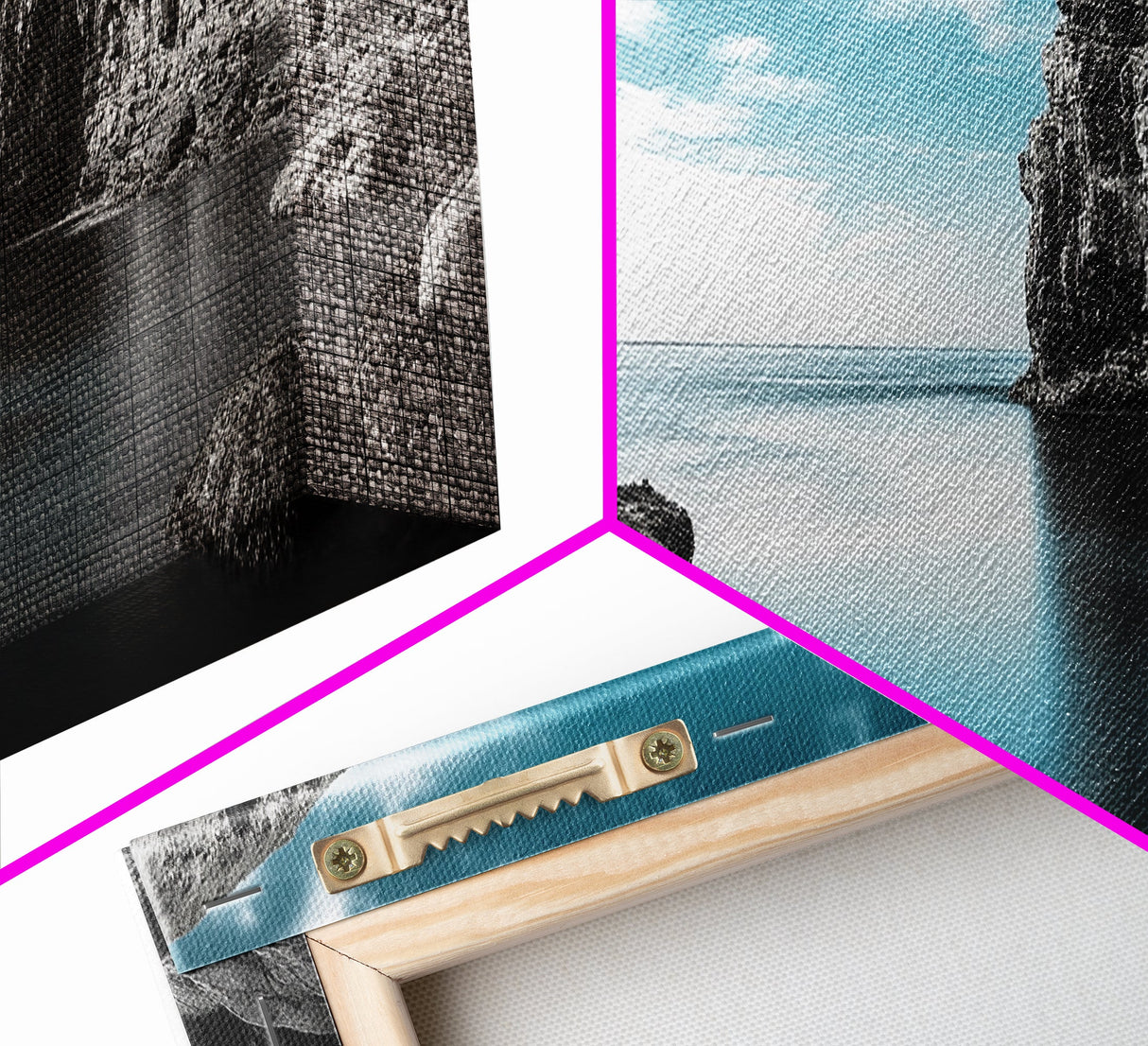 Serene Cove, Cliff Reflections, Blue Water, Coastal Escape, Framed Canvas Print, Tranquil Ocean Art, Bathroom or Spa Wall Decor