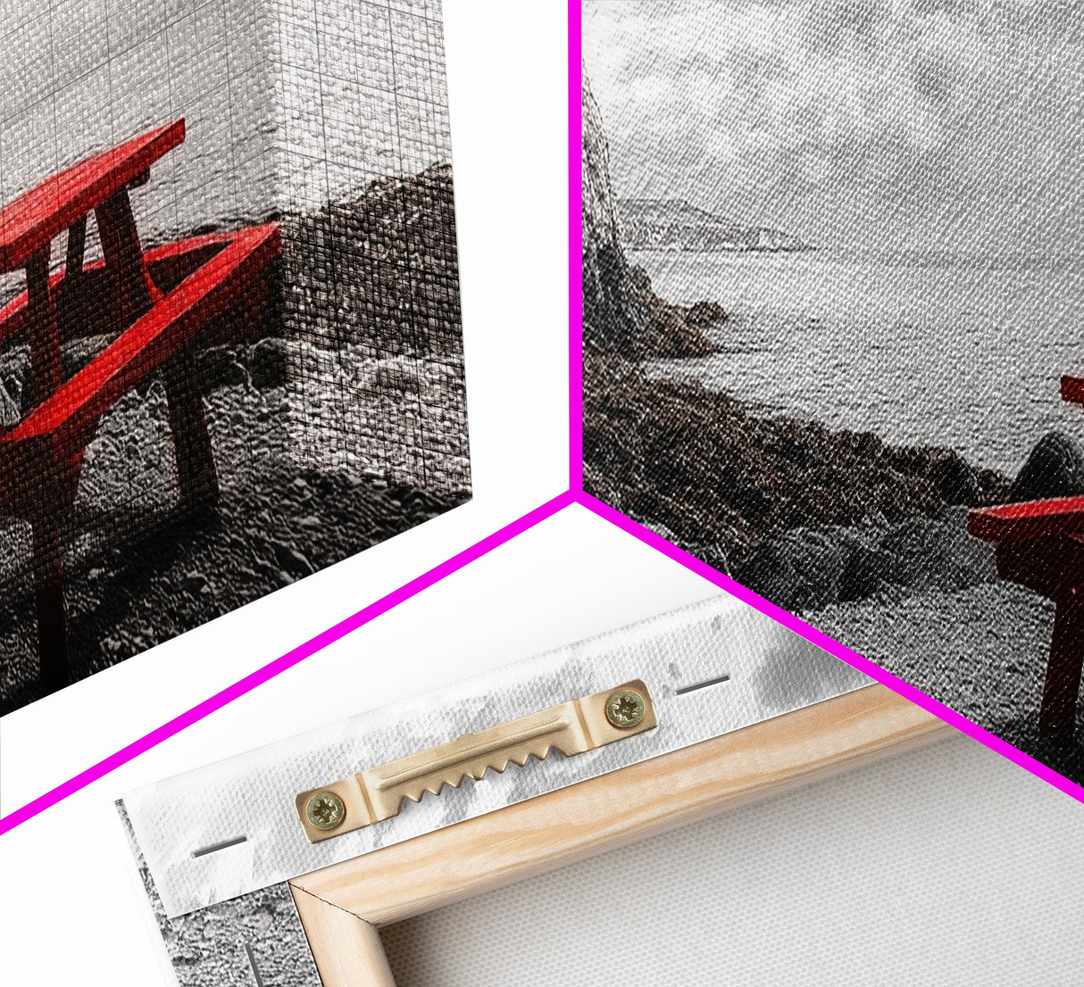 Red Picnic Table, Rocky Shore Cliffs, Bold Coastal View, Framed Canvas Print, Rustic Wall Art, Cabin Decor, Nature Lovers Gift