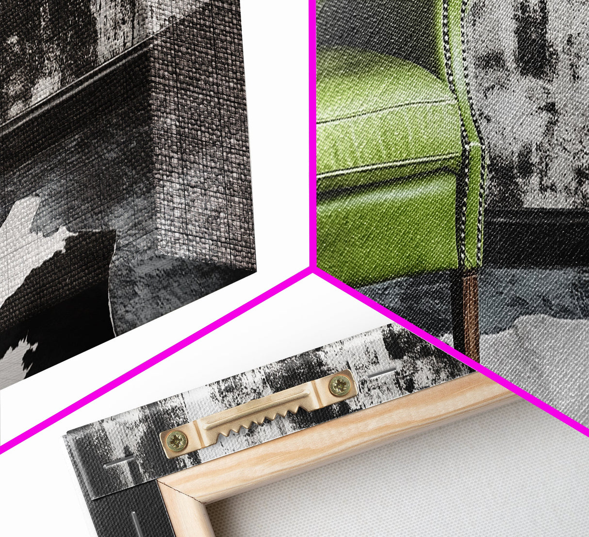 Green Leather Chair, Industrial Urban Scene, Chic Lounge Interior, Framed Canvas Print, Modern Wall Art, Man Cave Office Decor