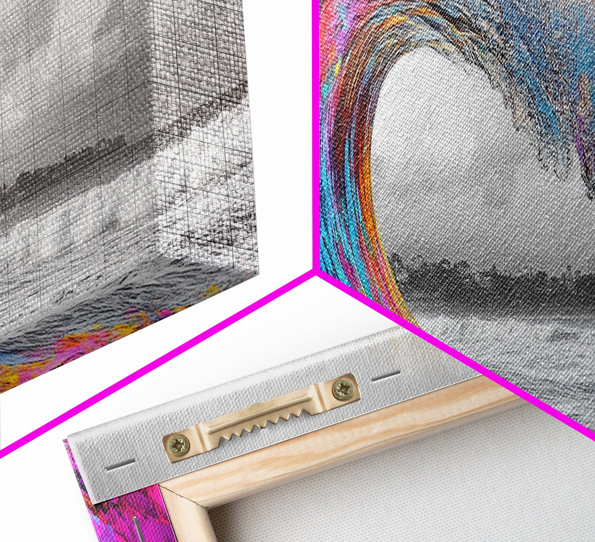 Rainbow Wave Curl, Surf Art Explosion, Vibrant Ocean Energy, Framed Canvas Print, Beach House Decor, Colorful Coastal Wall Art