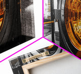 Bank Vault, Futuristic Glow, Industrial Design, Gold Tones, Framed Canvas Print, Office Wall Art, Cyberpunk Decor, Grunge Decor