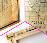 Distressed Fresno California Map, Framed Canvas Print Or Poster, California Map Print, Freso City Wall Art Map Print, Rustic Map Art