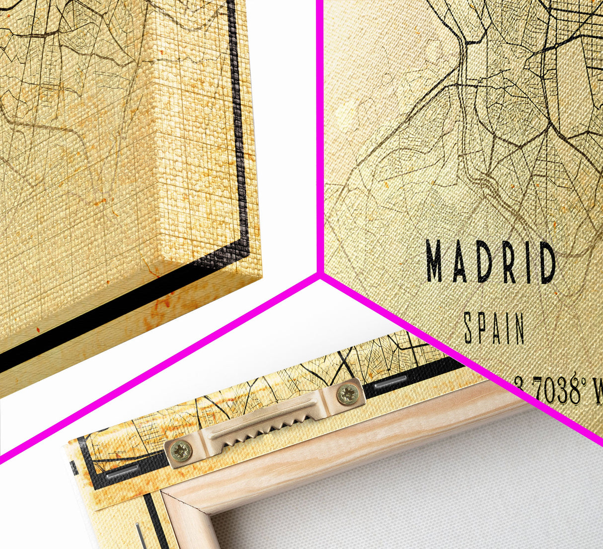 Panoramic Madrid Spain map print poster or framed canvas, Madrid map print poster canvas, city map print poster canvas, Vintage Travel Art