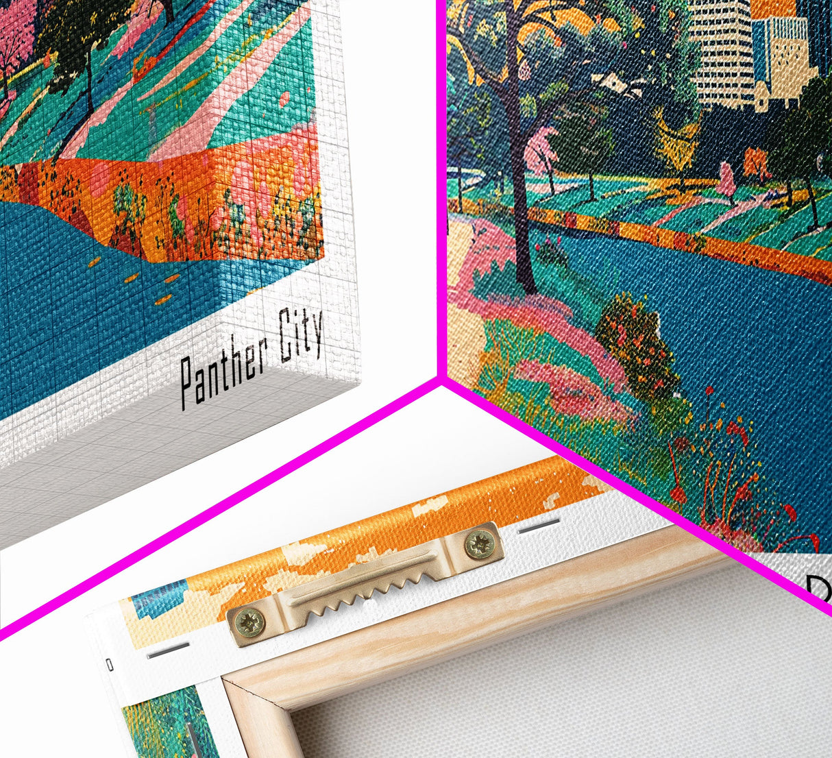 Fort Worth Texas Panoramic Painting, Mid Century Modern Framed Canvas Print, Retro Pop Art Travel Poster, Office Wall Decor