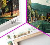 Hillsboro Oregon Panoramic Painting, Mid Century Modern Framed Canvas Print, Retro Pop Art Travel Poster, Office Wall Decor