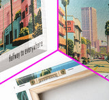Torrance California Panoramic Wall Art, Mid Century Modern Framed Canvas Print, Retro Pop Art Travel Poster, Living Room and Office Decor