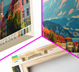 Klagenfurt Austria Panoramic Travel Poster, Framed Canvas Print or Metal Wall Art, Travel Art, Home Decor, Panoramic Painting, Midcentury Art