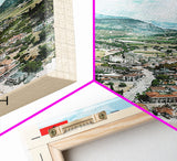 Elbasan, Albania Framed Canvas Print. Mountain Charm Wall Art for Living Room or Bedroom, Scenic Travel Poster Decor.