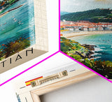 San Sebastian Spain Travel Poster Framed Canvas Print, Watercolor Painting, Coastal Wall Art, Home Decor, Spanish Seaside, Vibrant Art