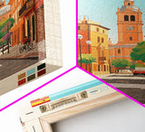 Alcalá de Henares Spain Travel Poster Framed Canvas Print, Midcentury Modern Art, Pop Art Decor, Wall Art, Vacation Gift, Living Room Decoration, Scenic Print