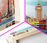 London United Kingdom Travel Poster Framed Canvas Print, Wall Decor, Midcentury Modern Art, Pop Art, Scenic Art for Office and Home