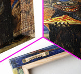 Halloween Vampire Bat with Pizza Under Full Moon Framed Canvas Print, Humorous Wall Art, Home Decor, Whimsical Decor, Gift Idea, Spooky Fun