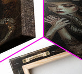 Mysterious Witch Holding Snake, Framed Canvas Print, Gothic Witch Art, Dark Fantasy Decor, Witch and Serpent, Halloween Accessories