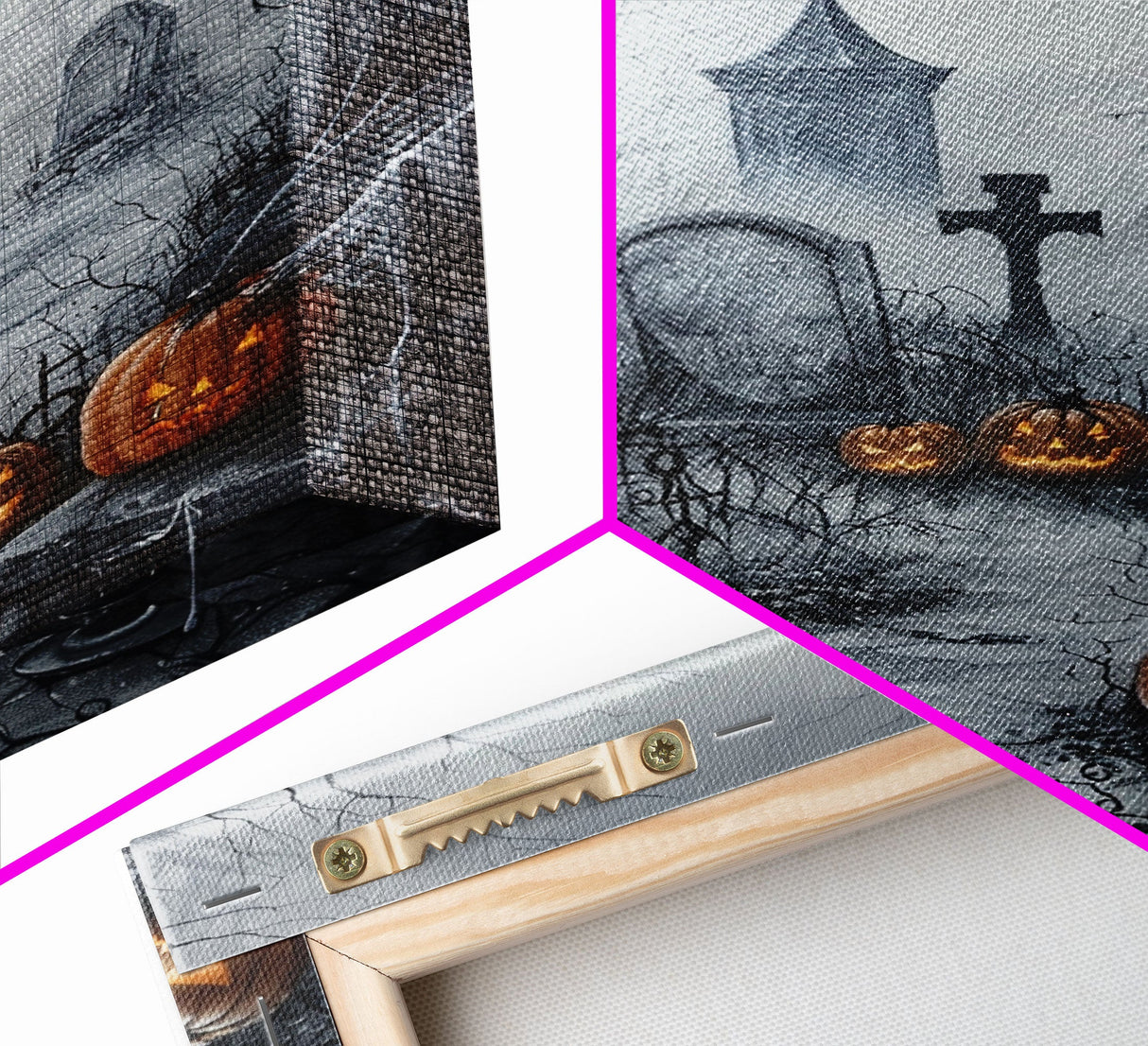 Eerie Graveyard with Pumpkins Framed Canvas Print, Halloween Wall Art, Spooky Cemetery, Home Decor, Gothic Artwork, Living Room Art, Creepy