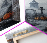 Eerie Graveyard with Pumpkins Framed Canvas Print, Halloween Wall Art, Spooky Cemetery, Home Decor, Gothic Artwork, Living Room Art, Creepy