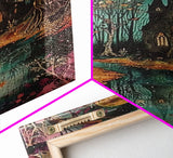 Haunted Castle by the Lake Framed Canvas Print, Halloween Wall Art, Spooky Art, Home Decor, Living Room Decor, Gothic Artwork, Creepy Castle