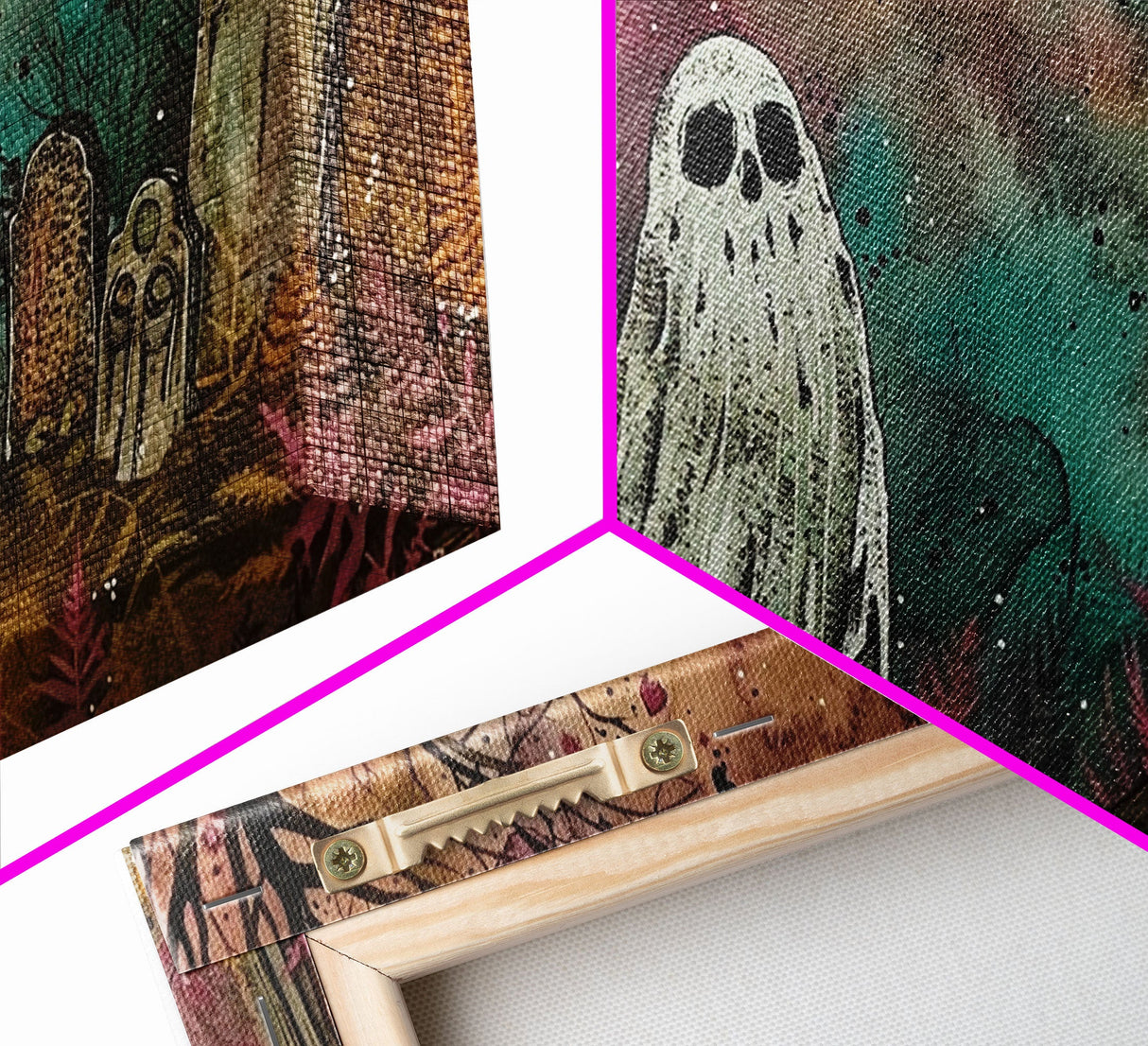 Cute Ghost In The Cemetery, Framed Canvas Print, Halloween Wall Decor, Halloween Trinkets