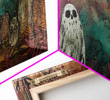Cute Ghost In The Cemetery, Framed Canvas Print, Halloween Wall Decor, Halloween Trinkets
