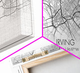 Irving City Map, Texas Map, Map Art, Modern Art, Wall Art, Canvas Art, Texas Wall Art, Hanging Wall Décor, Travel Lover Gift, Apartment Art