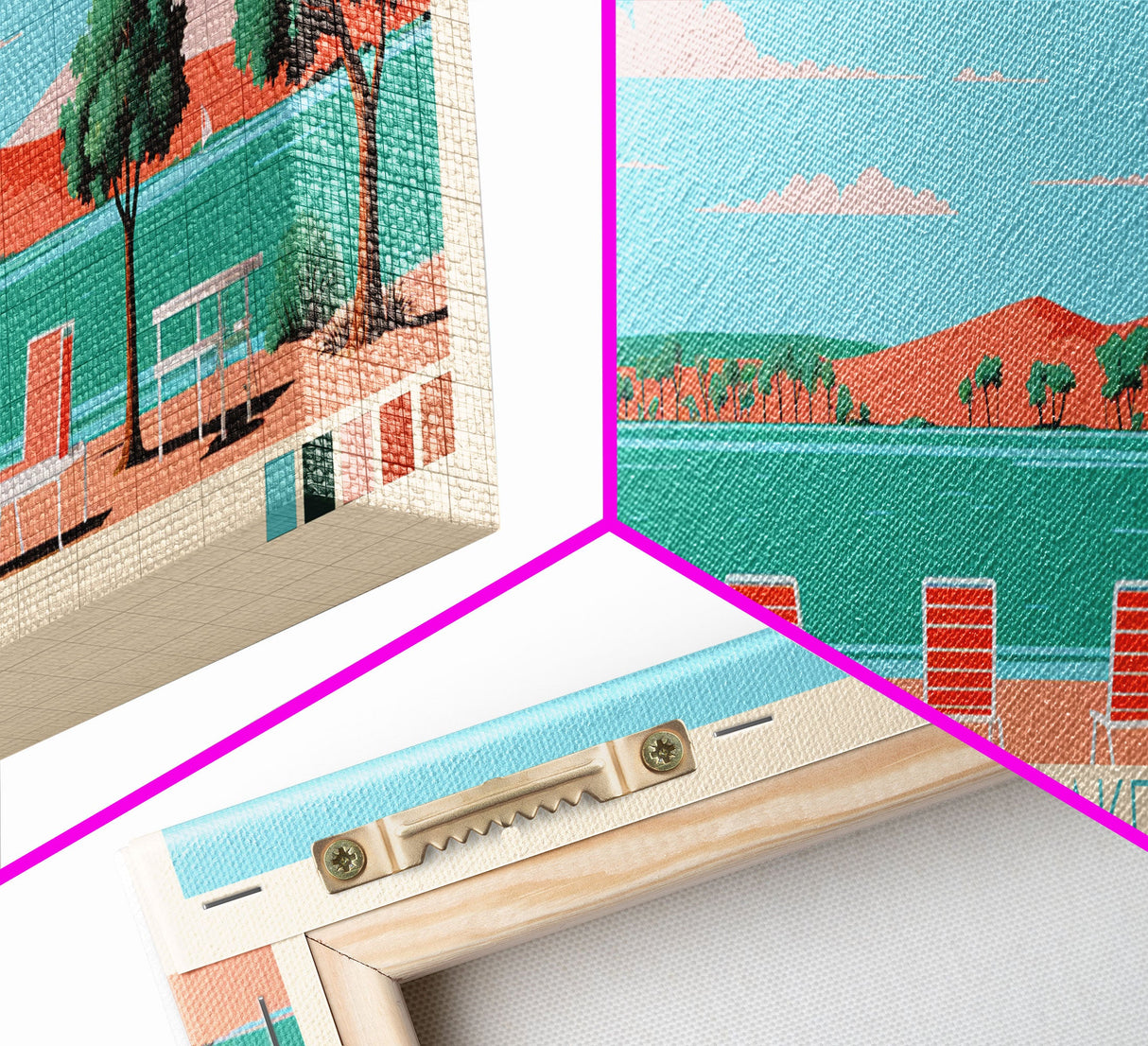 Brantley Lake New Mexico Framed Canvas Print, Midcentury Modern Panoramic Wall Art, Living Room Decor, Pop Art, Travel Poster Art, Scenic Nature Painting