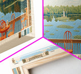 Cagles Mill Lake Indiana Framed Canvas Print, Midcentury Modern Panoramic Wall Art, Living Room Decor, Pop Art, Travel Poster Art, Scenic Nature Painting