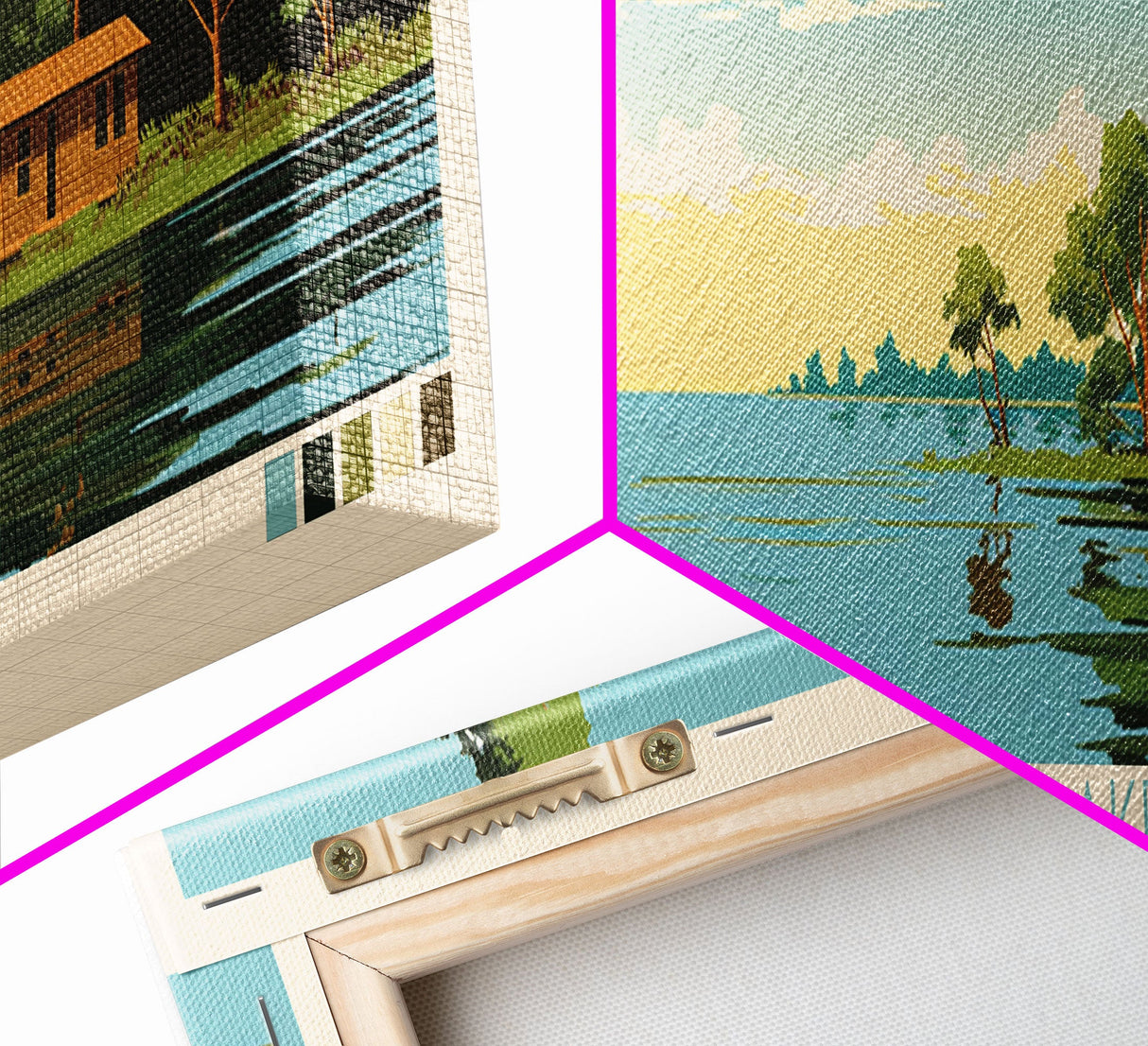 Calcasieu Lake Louisianna Framed Canvas Print, Pop Art Panoramic Travel Poster, Midcentury Modern, Wall Art, Scenic Nature Painting, Bedroom Decor