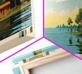 Calcasieu Lake Louisianna Framed Canvas Print, Pop Art Panoramic Travel Poster, Midcentury Modern, Wall Art, Scenic Nature Painting, Bedroom Decor