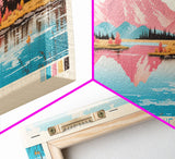 Calling Lake Alberta Framed Canvas Print, Midcentury Modern Panoramic Wall Art, Living Room Decor, Pop Art, Travel Poster Art, Scenic Nature Painting