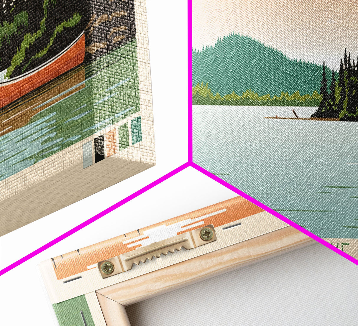 Canoe Lake Saskatchewan Framed Canvas Print, Midcentury Modern Panoramic Wall Art, Living Room Decor, Pop Art, Travel Poster Art, Scenic Nature Painting